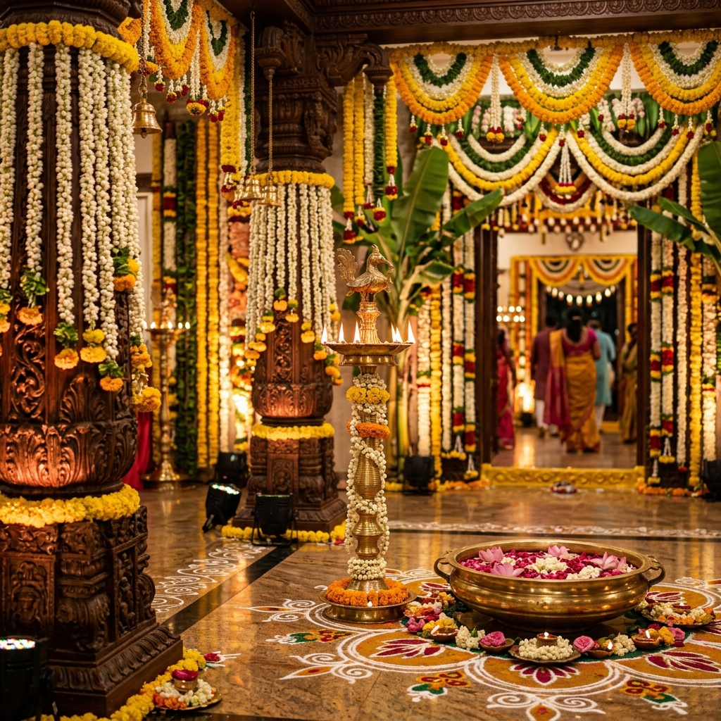Carved Teakwood Temple Mandap & Floral Decor
